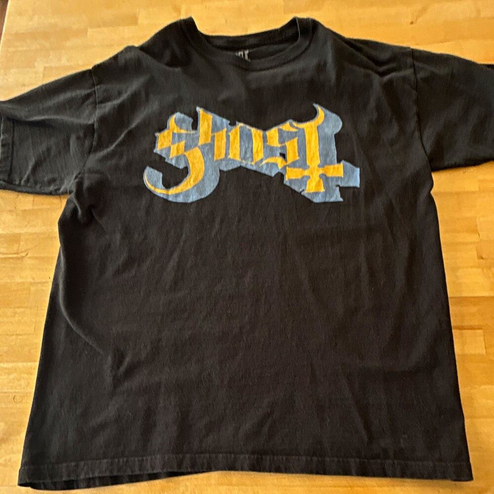 Ghost Logo Graphic Print Black Crewneck Cotton T-Shirt Short Sleeve LG